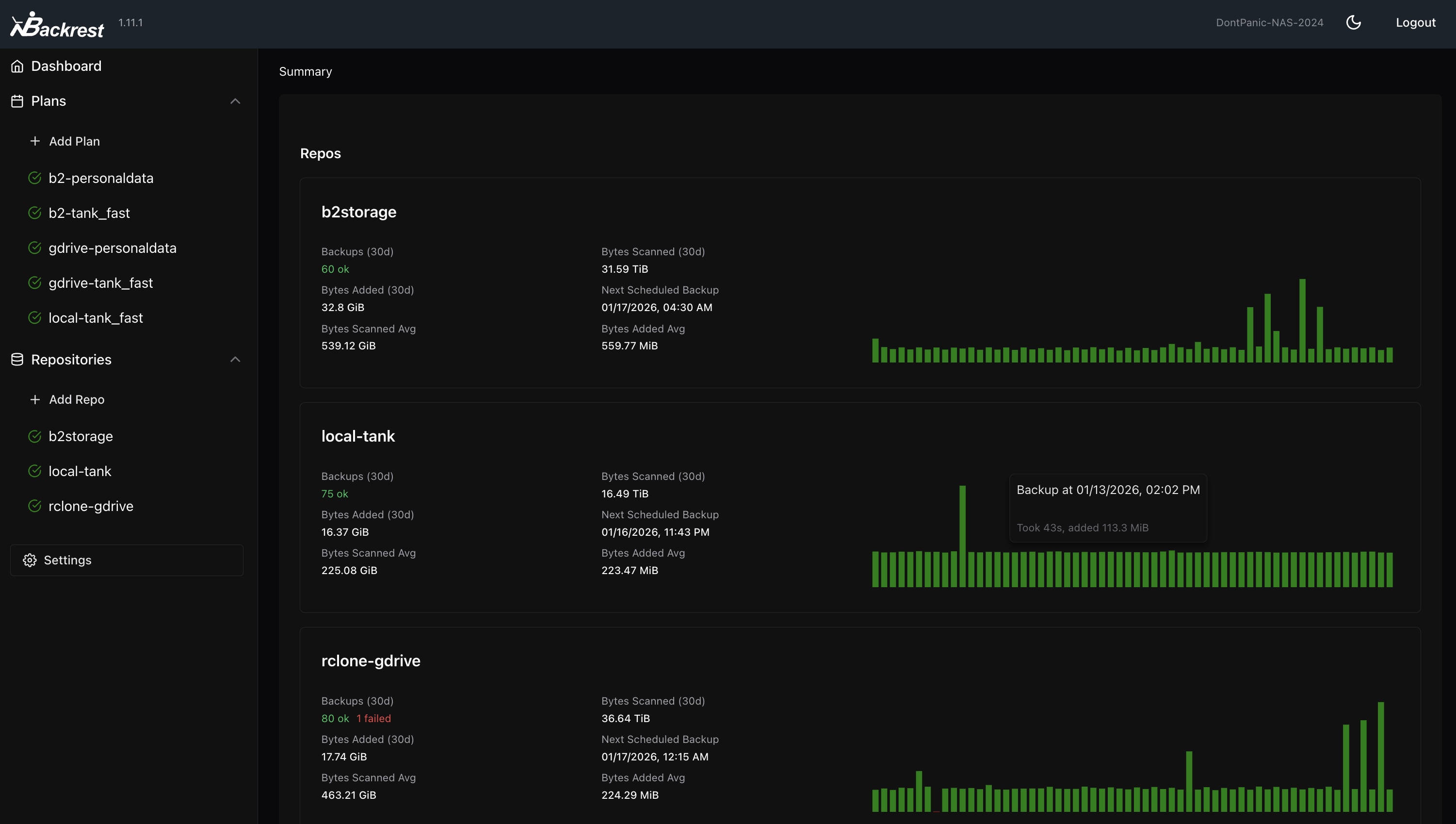 Backrest's dashboard, showing several repositories and their recent backup activity