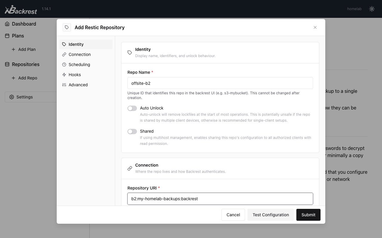 Backrest's Add Restic Repository form, showing a Backblaze B2 repository URI