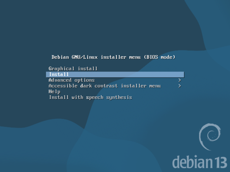 Menu de démarrage de l'installateur Debian, Install sélectionné