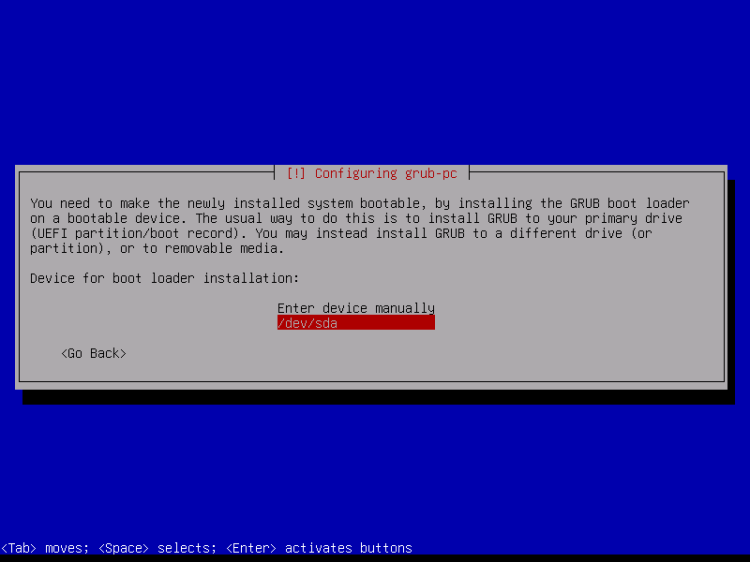 L'installateur Debian demandant sur quel périphérique installer le chargeur GRUB