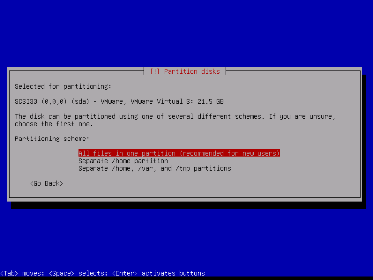 Schéma de partitionnement de l'installateur Debian, tout dans une seule partition
