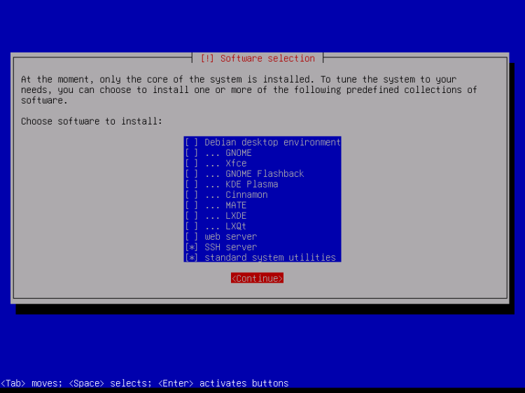 Sélection des logiciels de l'installateur Debian avec seulement serveur SSH et utilitaires usuels cochés