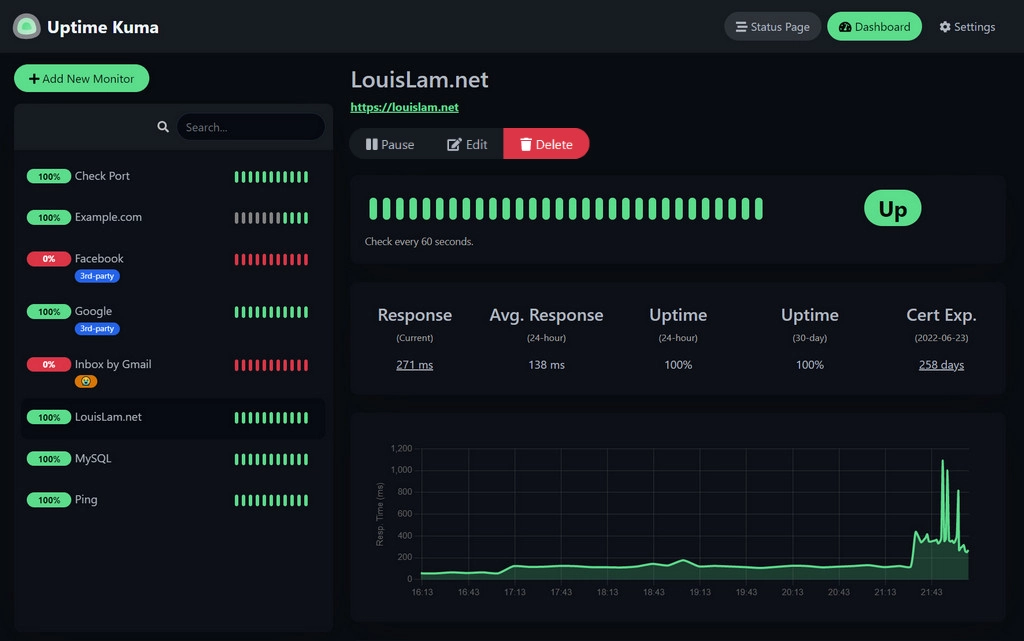 Tableau de bord Uptime-Kuma affichant les services surveillés et leur statut