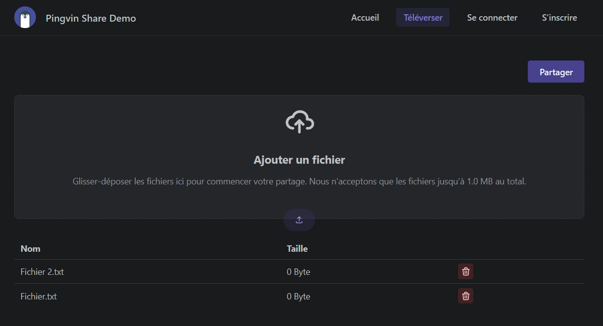Interface web de Pingvin Share pour envoyer et partager des fichiers