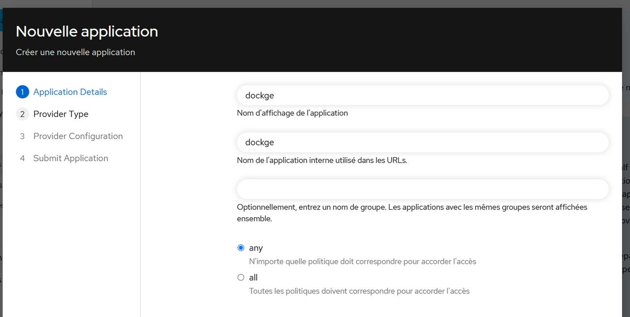 Assistant de création d'application Authentik