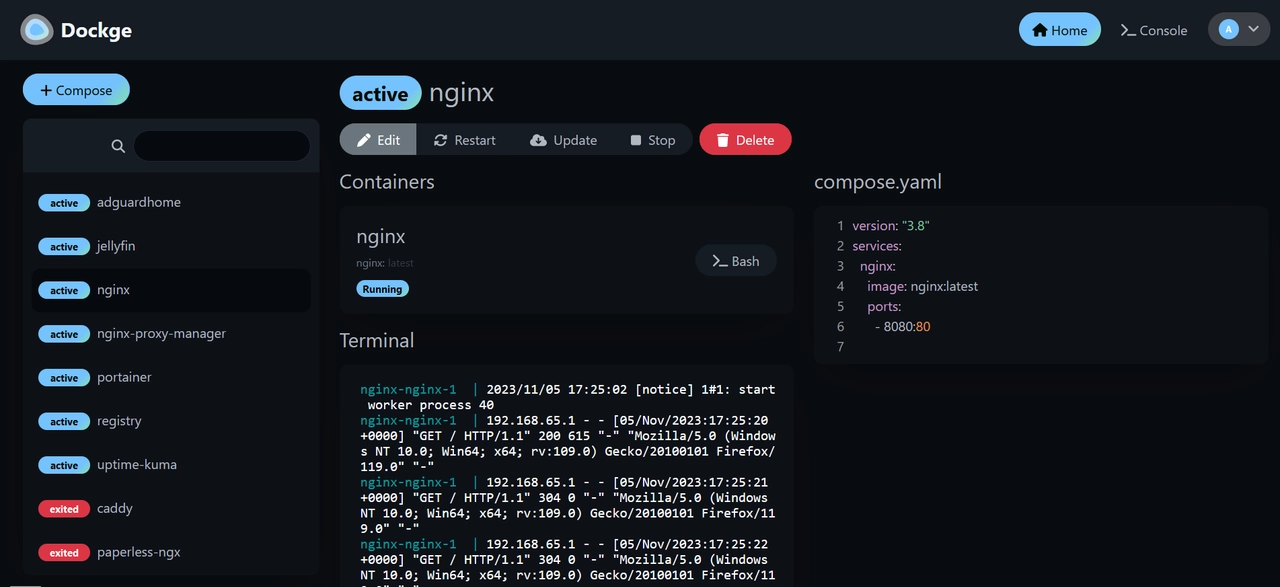 Interface web de Dockge pour gérer les stacks Docker Compose
