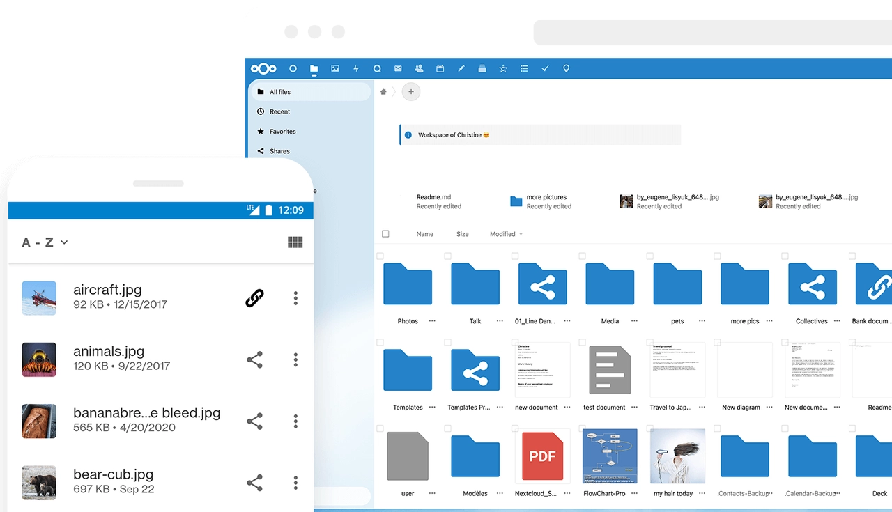 Interface web de Nextcloud affichant fichiers et dossiers