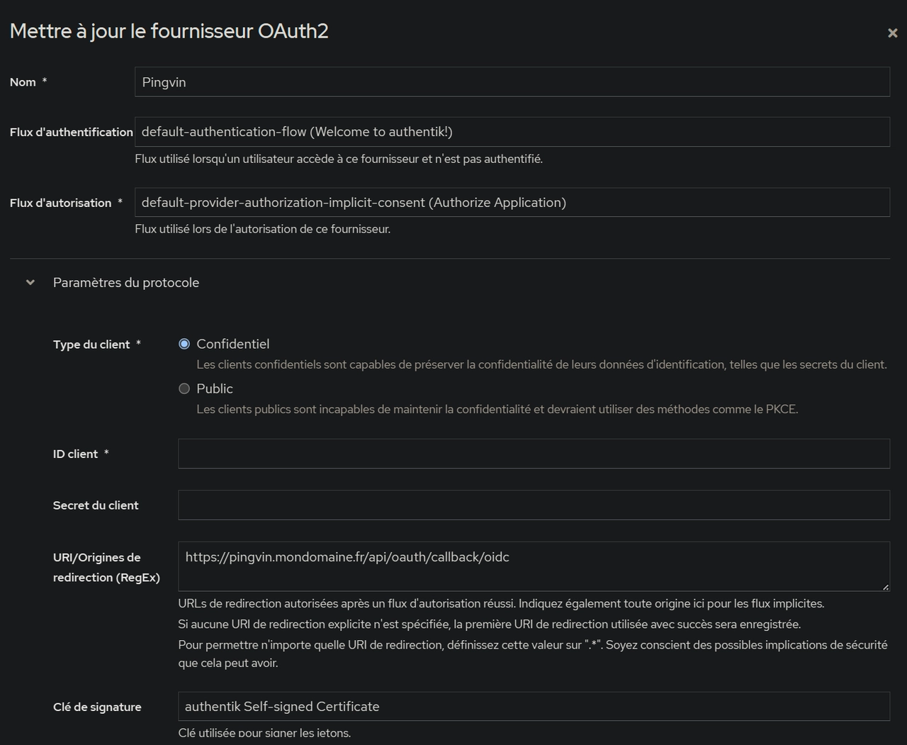 Écran de configuration du fournisseur OAuth2/OpenID d'Authentik, partie 1