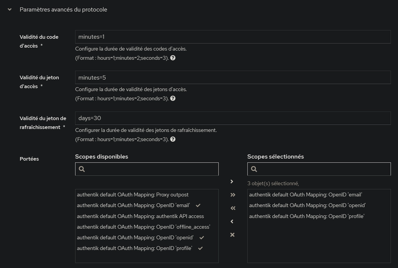 Écran de configuration du fournisseur OAuth2/OpenID d'Authentik, partie 2
