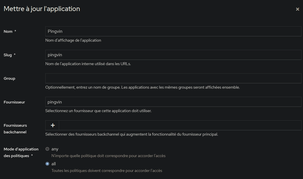 Écran de création de l'application Authentik pour Pingvin Share