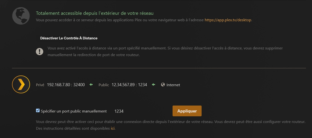 Plex Remote Access settings with a manually chosen port