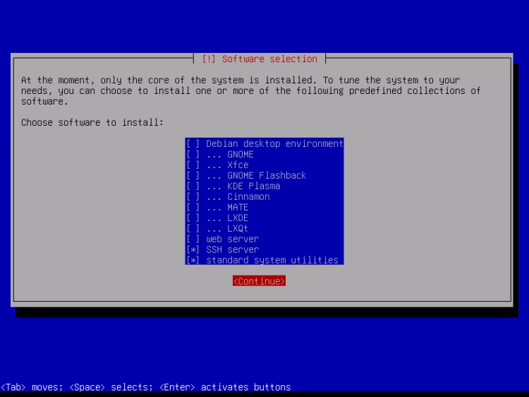 Sélection des logiciels de l'installateur Debian avec seulement serveur SSH et utilitaires usuels cochés