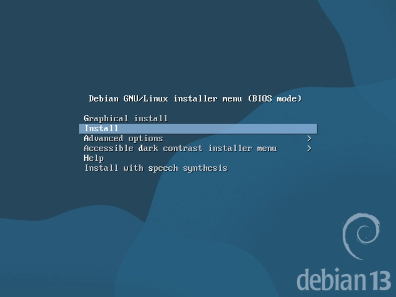 Menu de démarrage de l'installateur Debian, Install sélectionné
